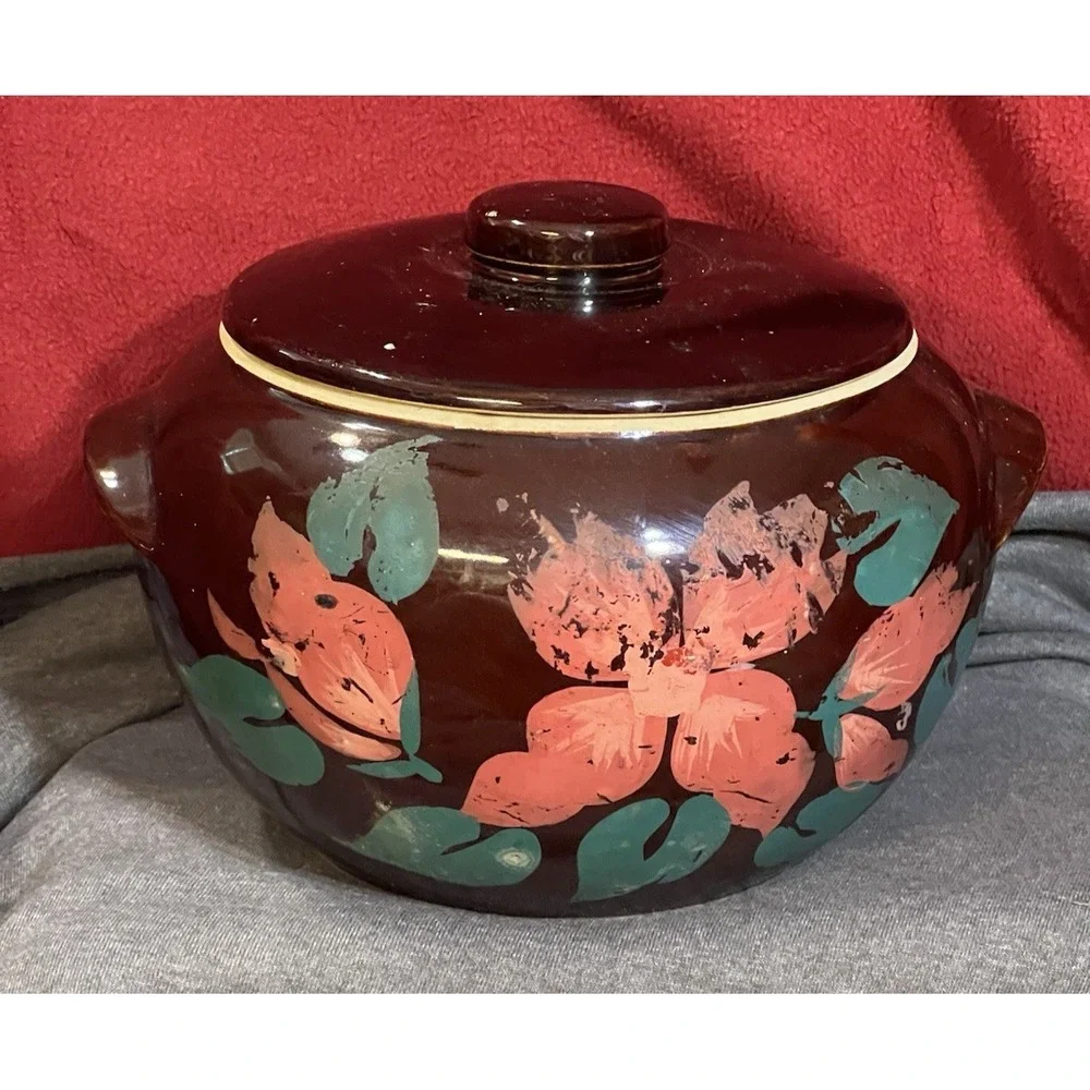 Vintage Ceramic Bean Pot With Lid & Handles Painted Floral Design USA (2015)